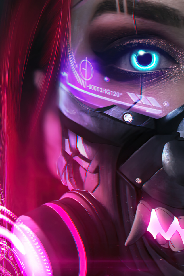 Девушка cyberpunk с голубыми глазами и маской на лице