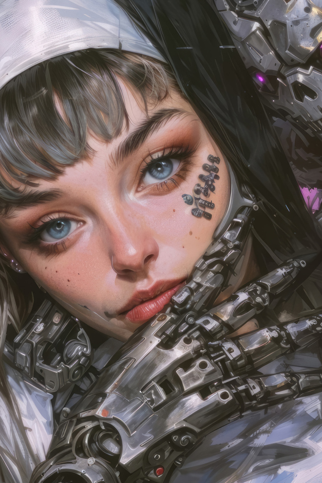 Девушка монашка киборг на розовом фоне