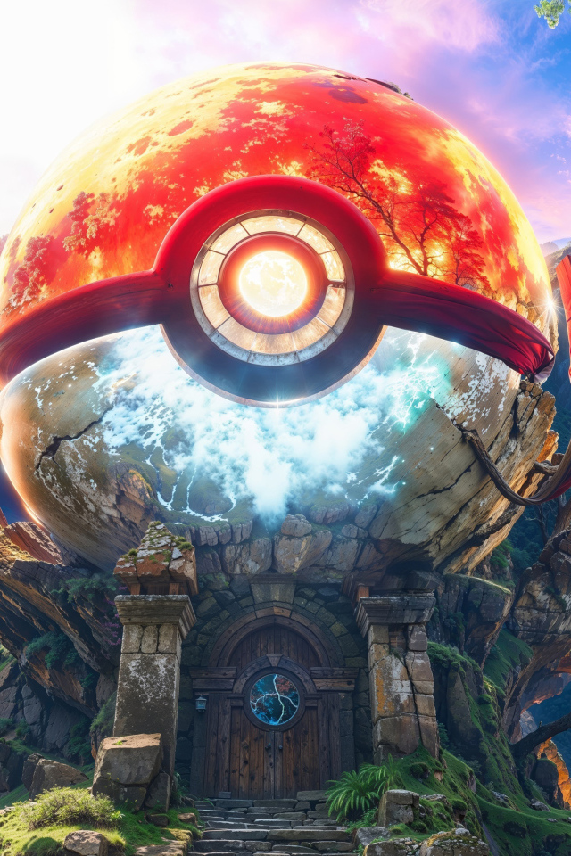 Покемон болл на доме в лесу у водопада