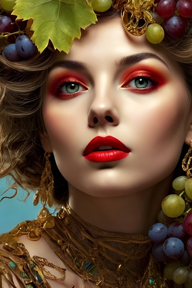 Красивая нарисованная девушка в винограде