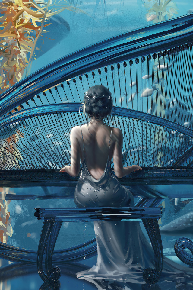 Девушка сидит за большим черным роялем