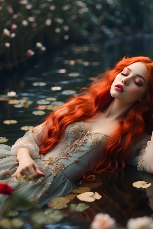 Рыжеволосая девушка в красивом платье лежит в воде