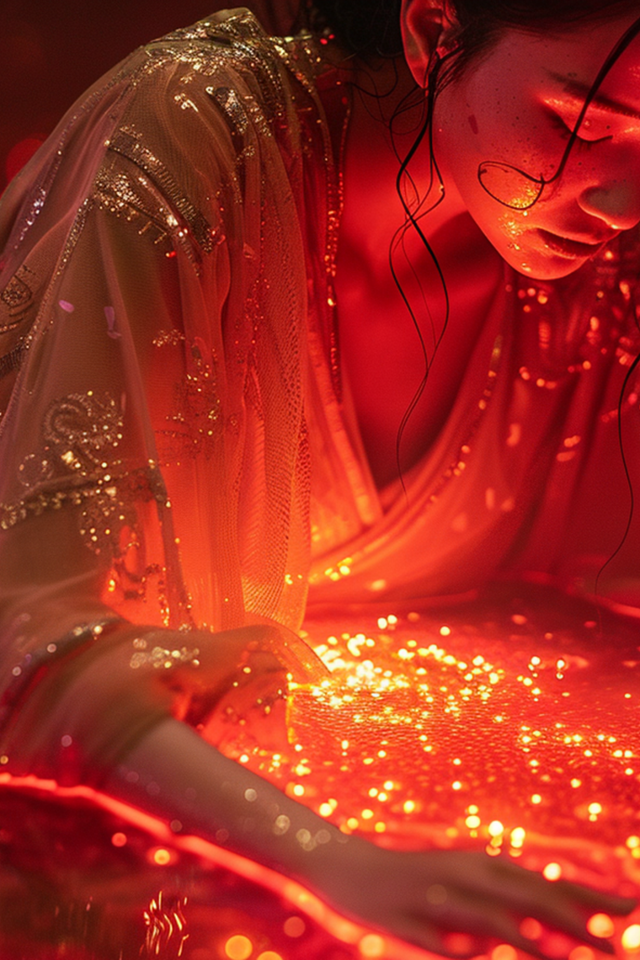 Девушка азиатка в красивом платье на светящемся фоне