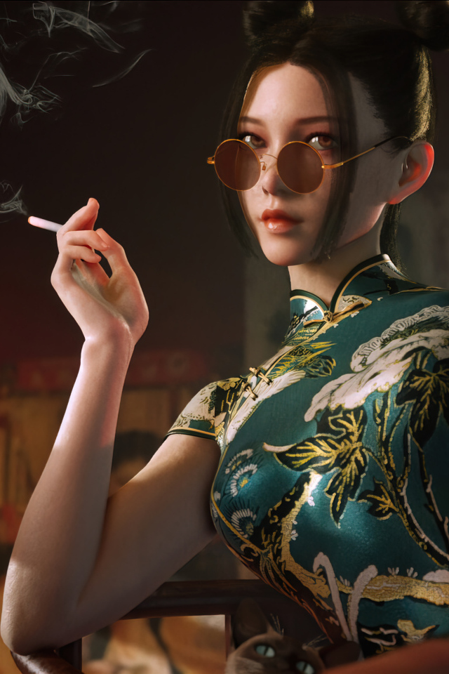 Девушка азиатка в красивом платье с сигаретой