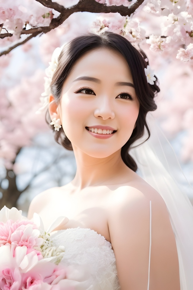 Красивая девушка азиатка в свадебном платье на фоне цветущих деревьев