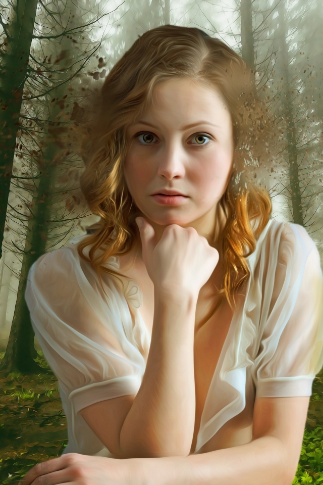 Красивая девушка на фоне нарисованного леса