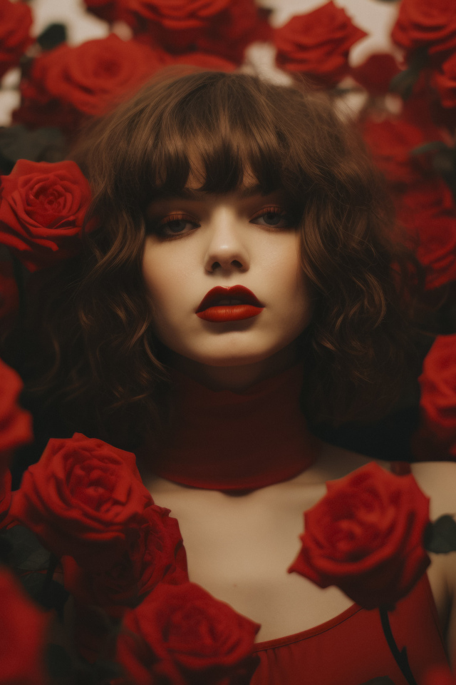 Beautiful girl in a thicket of red roses