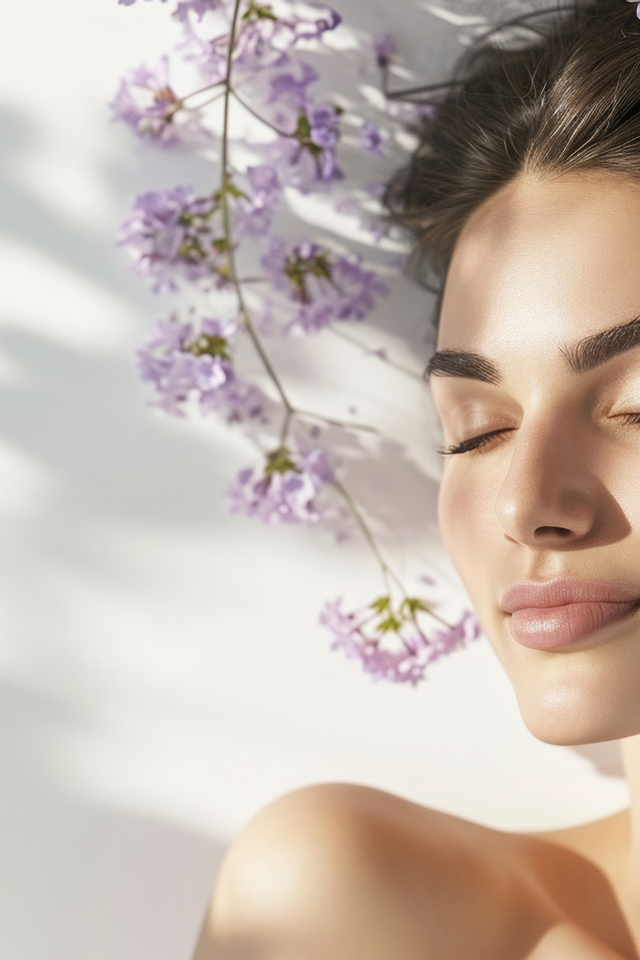 Красивая девушка с закрытыми глазами в цветах сирени