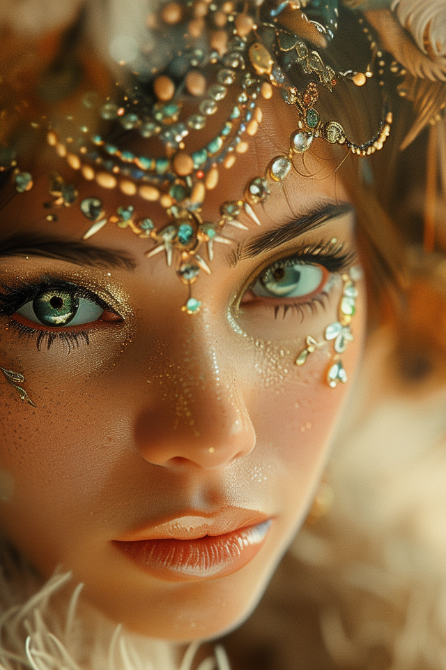 Красивая девушка с макияжем и блестящими украшениями на голове