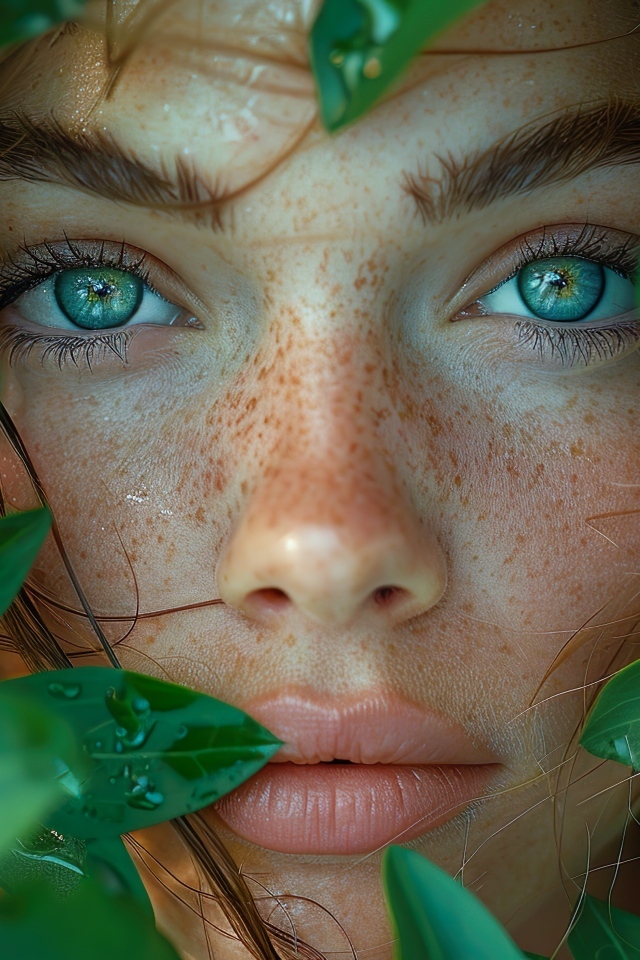 Красивая зеленоглазая девушка в зеленых листьях