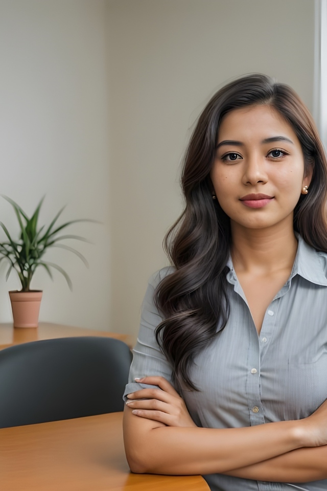 Милая девушка азиатка в серой рубашке за столом в офисе