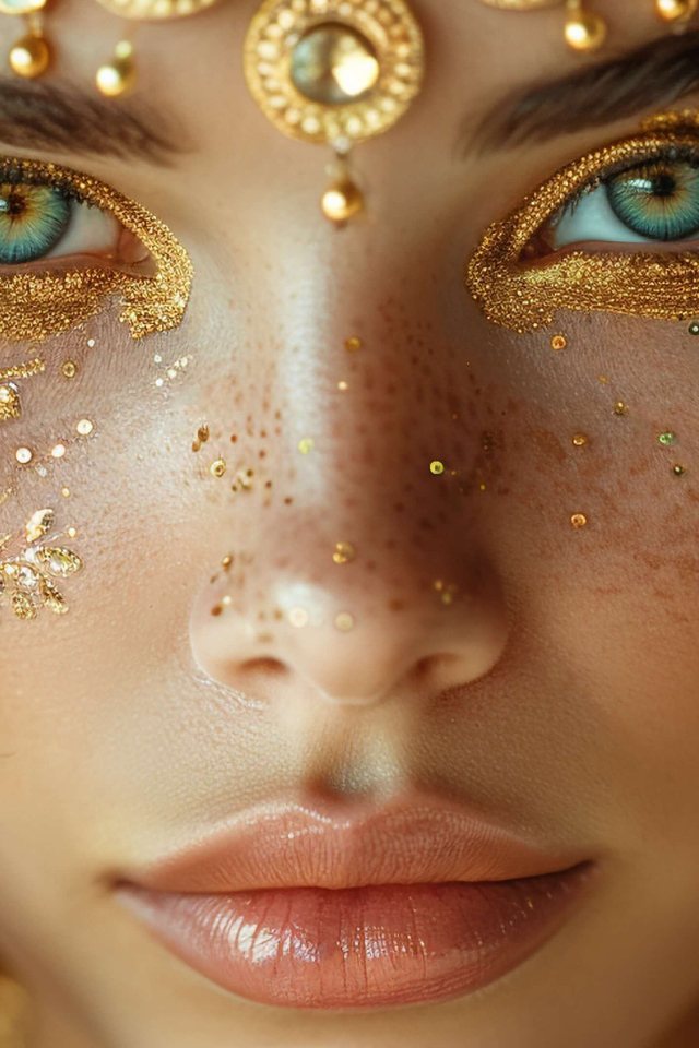 Зеленоглазая девушка с блестящим макияжем на лице