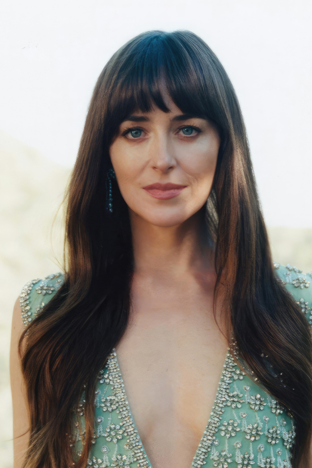 Длинноволосая шатенка актриса Дакота Джонсон крупным планом