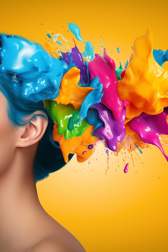 Разноцветная краска на волосах девушки на желтом фоне