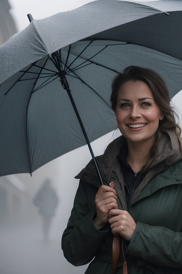 Улыбающаяся девушка под черным зонтом