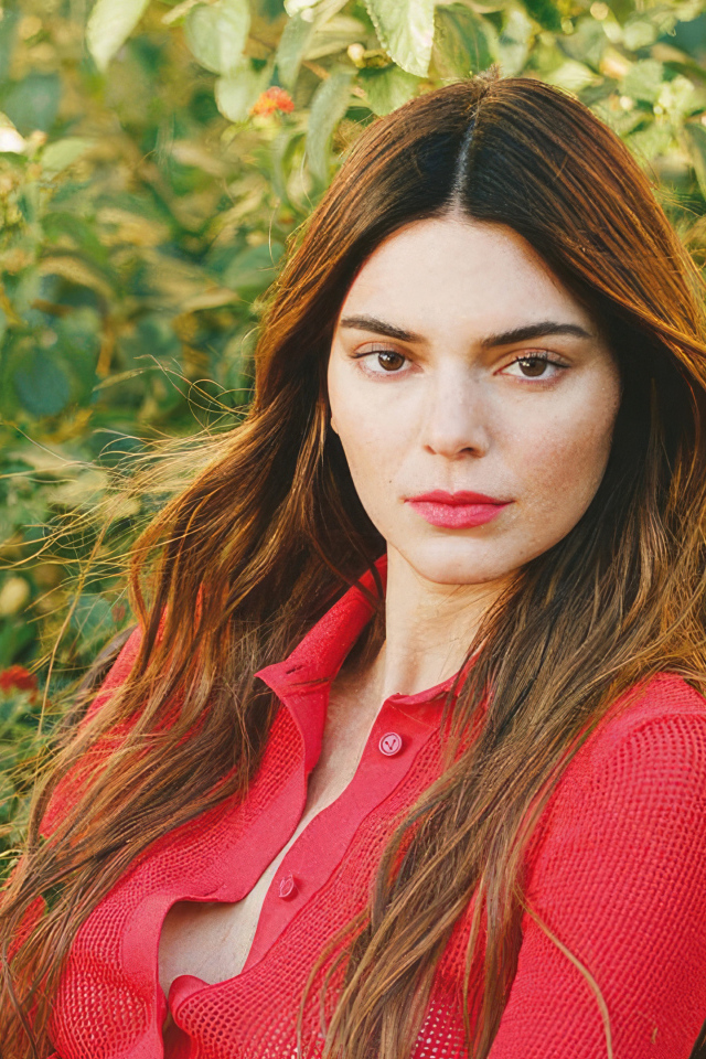 Американская модель Кендалл Дженнер в красной кофте стоит у куста