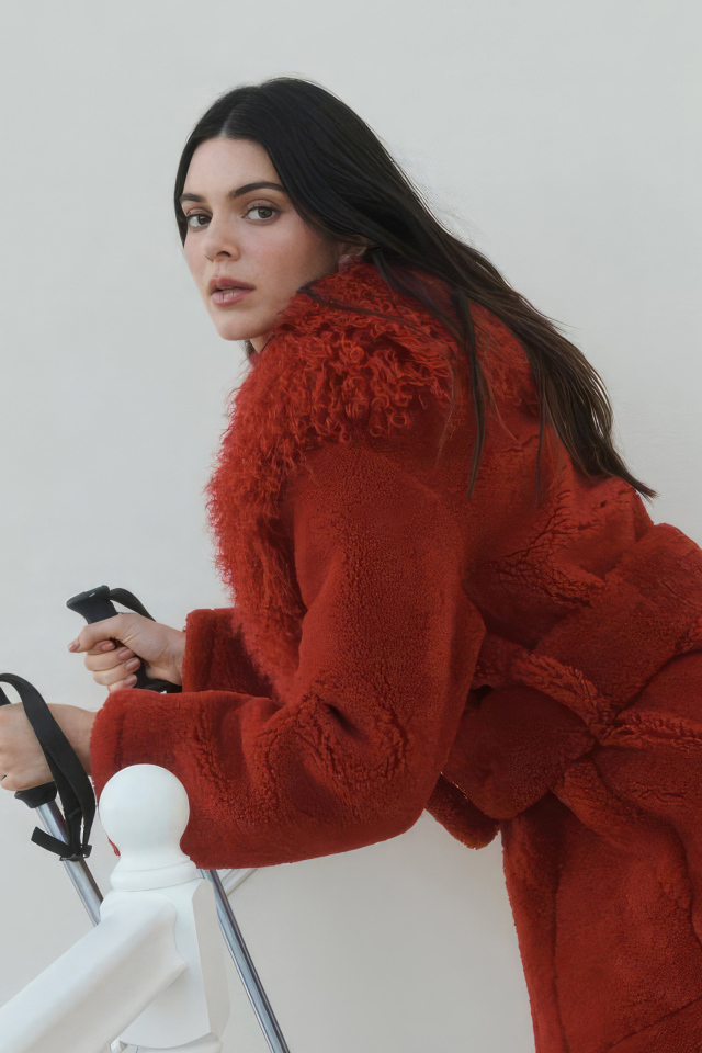 Модель Кендалл Дженнер в красной шубе