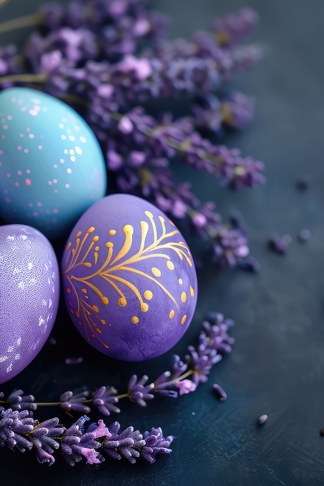 Красивые пасхальные яйца с веточками вербы на сером столе
