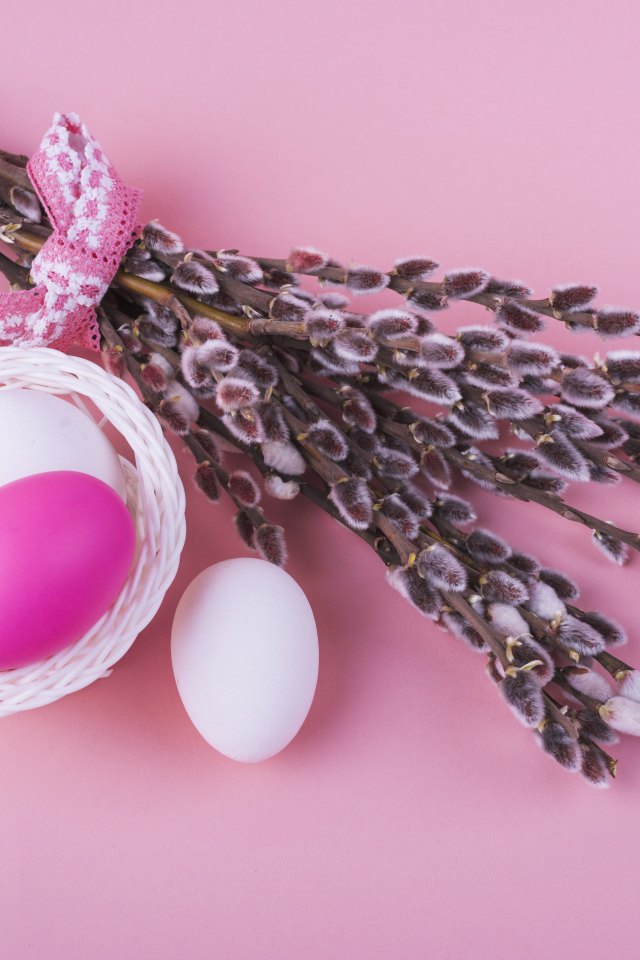 Ветки вербы с яйцами на розовом фоне