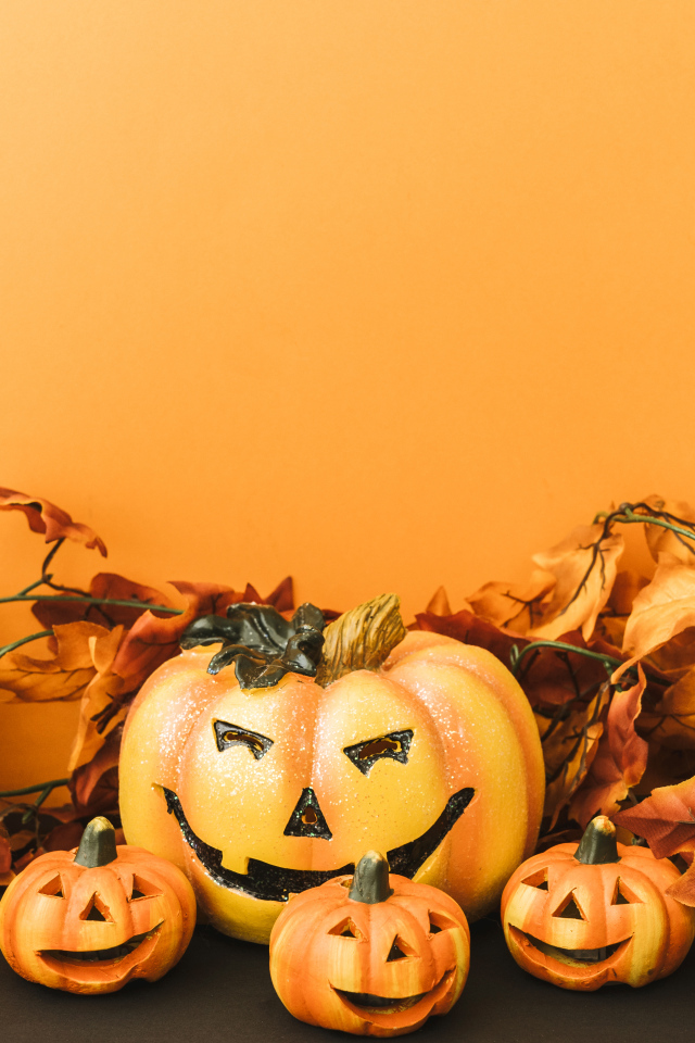 Композиция на оранжевом фоне на праздник Хэллоуин