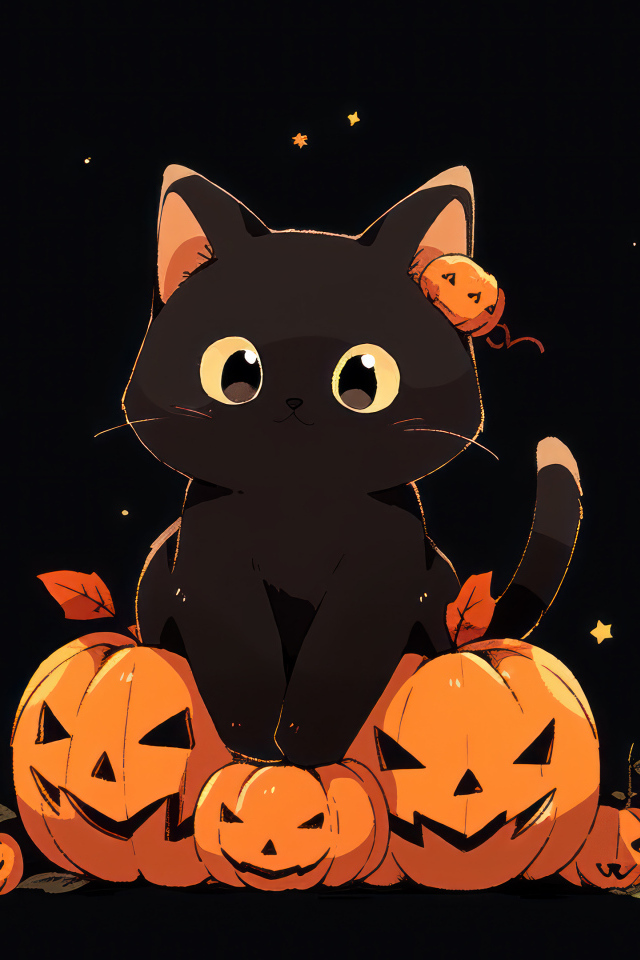 Маленький черный котенок с тыквами на Хэллоуин