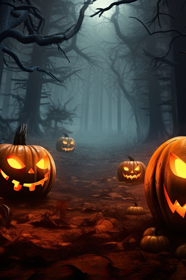 Фонари тыквы в зловещем темном лесу на Хэллоуин