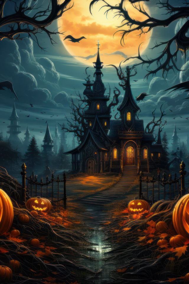 Тыквы освещают дорогу к старому черному замку