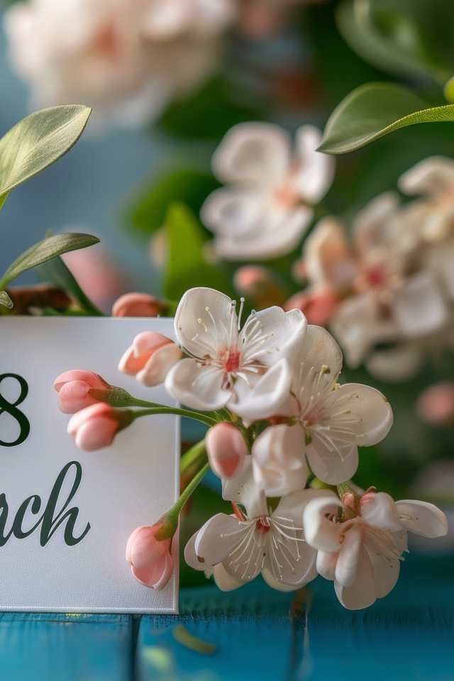 Цветы яблони с открыткой на 8 марта