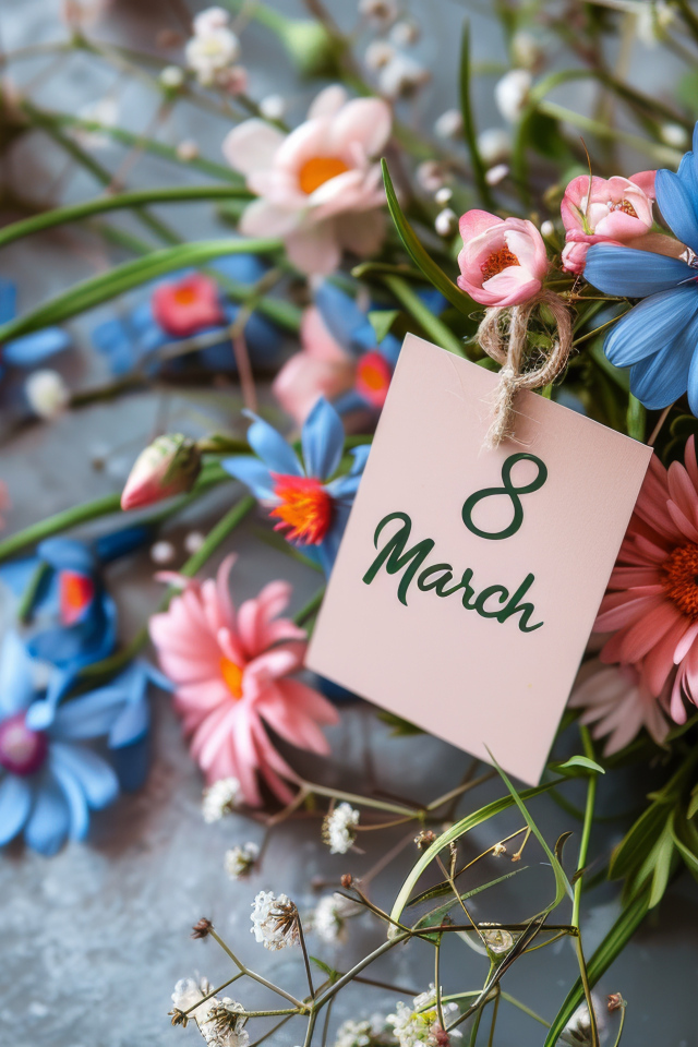 Букет розовых и голубых цветов на праздник 8 марта