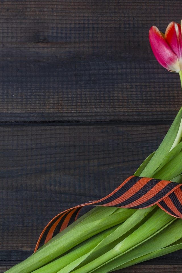 Букет тюльпанов и георгиевская лента на День Победы