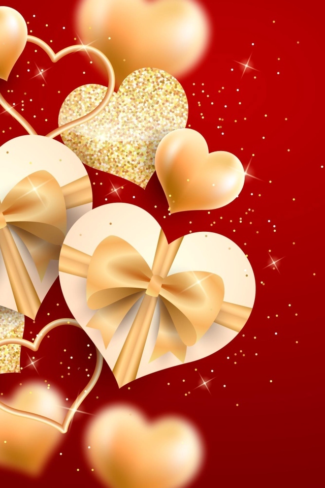 Золотые блестящие сердечки на красном фоне на День Влюбленных