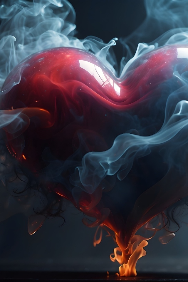 Большое горящее красное сердце в дыму