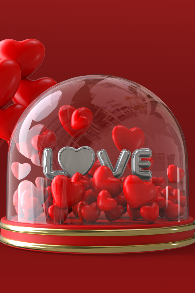 Коробка с красными сердечками на красном фоне