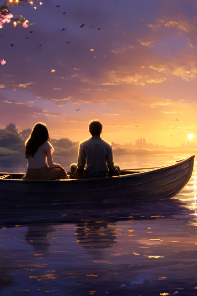 Влюбленная пара в лодке на озере на закате