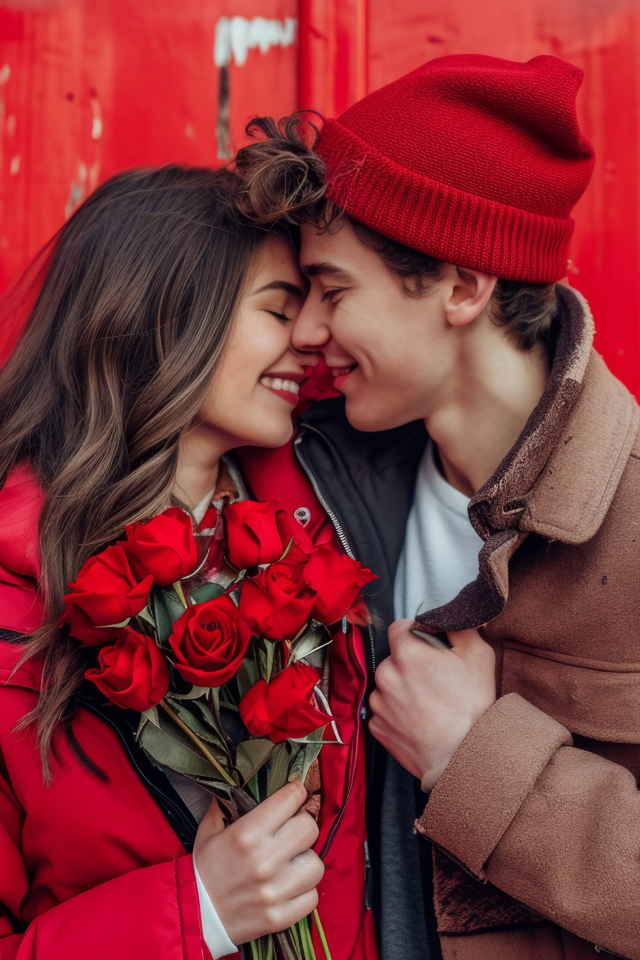 Влюбленная пара с букетом красных роз у стены
