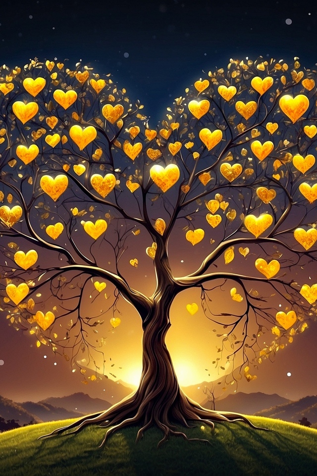 Дерево в форме сердца с золотыми листьями