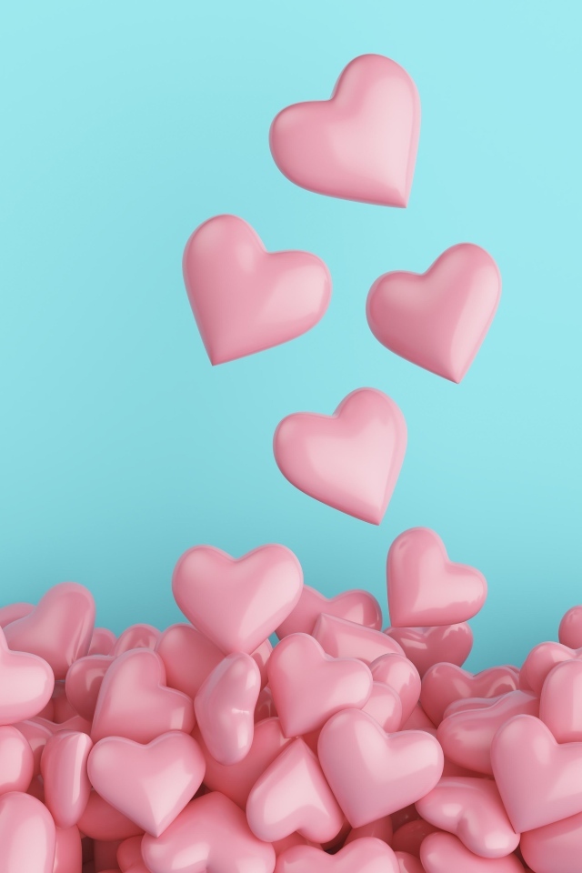 Много розовых сердечек на голубом фоне