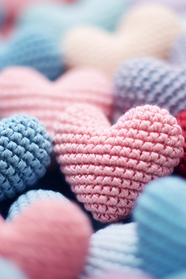 Разноцветные вязаные сердечки