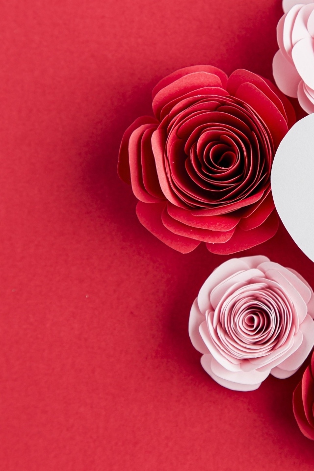 Бумажные розы с сердцем на красном фоне