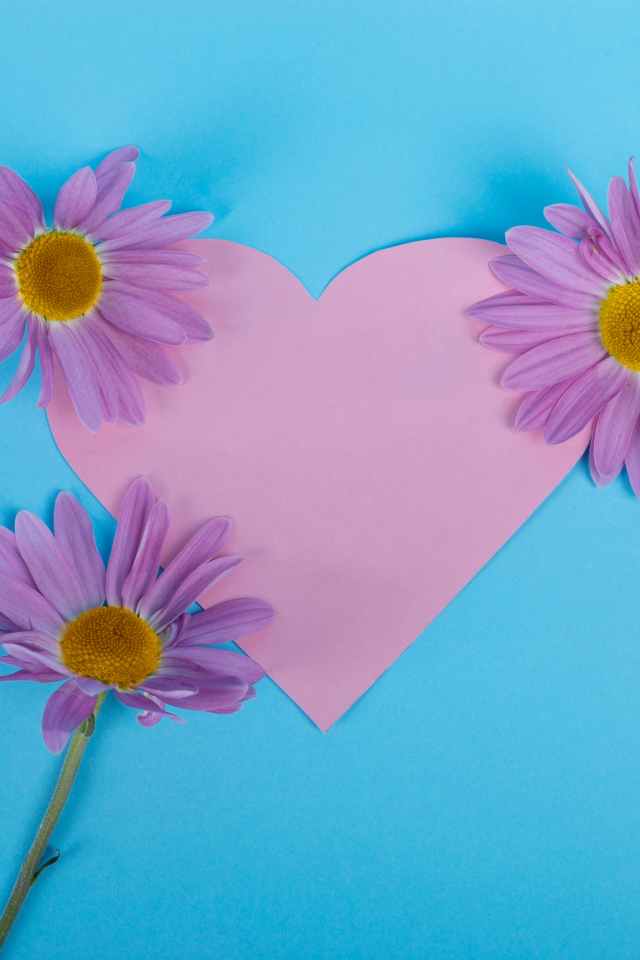 Розовое сердце с цветами на голубом фоне