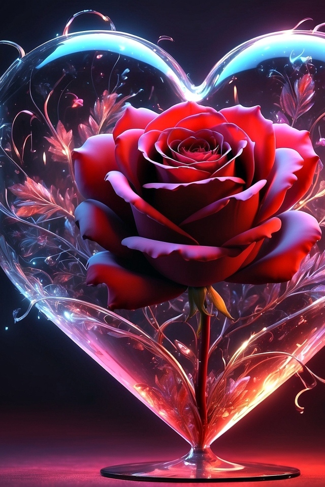 Красная роза в большом прозрачном сердце