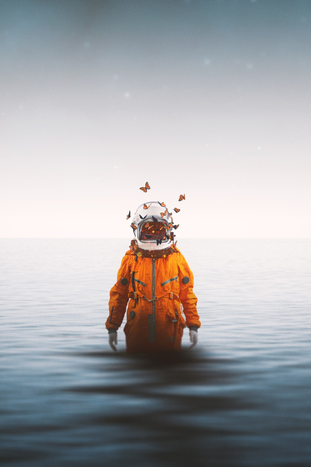 Аквалангист в костюме выходит из моря