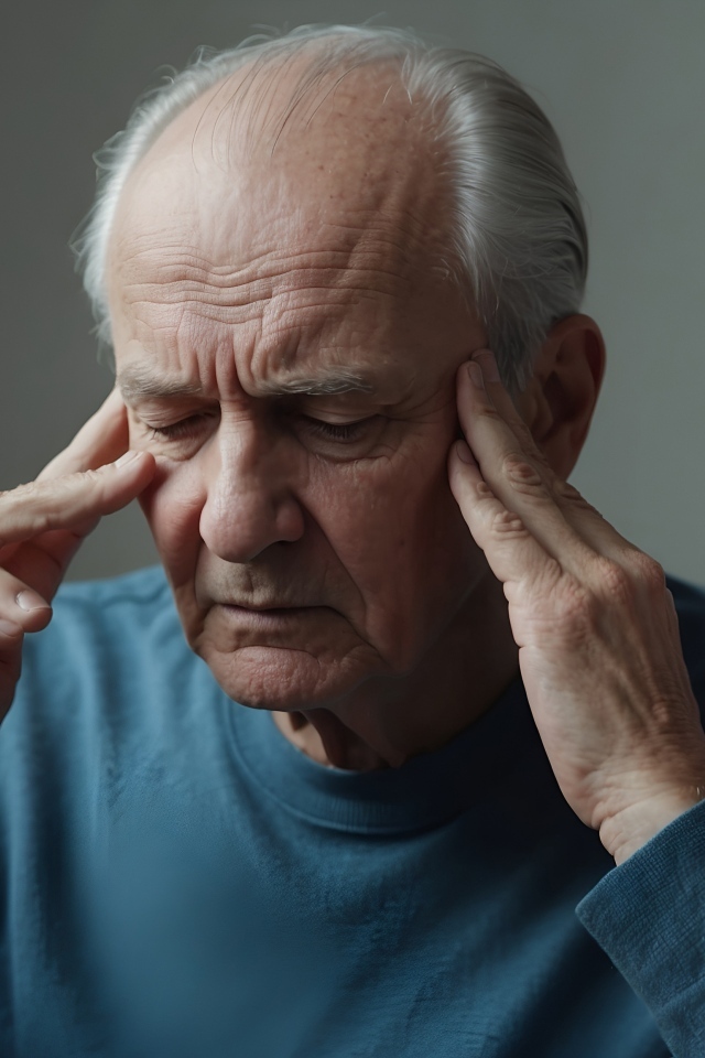 Пожилой мужчина держится руками за голову