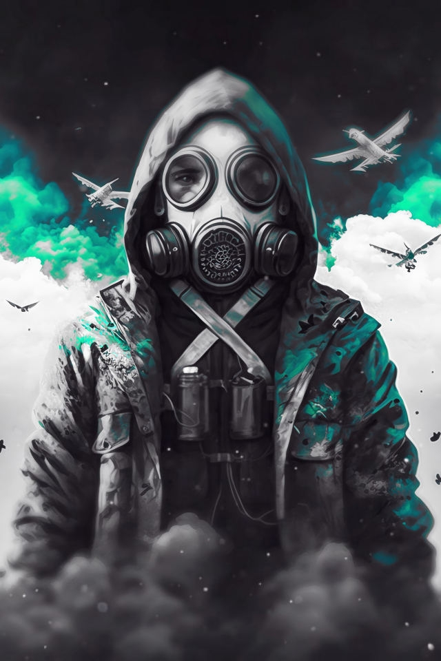 Мужчина в противогазе в дыму