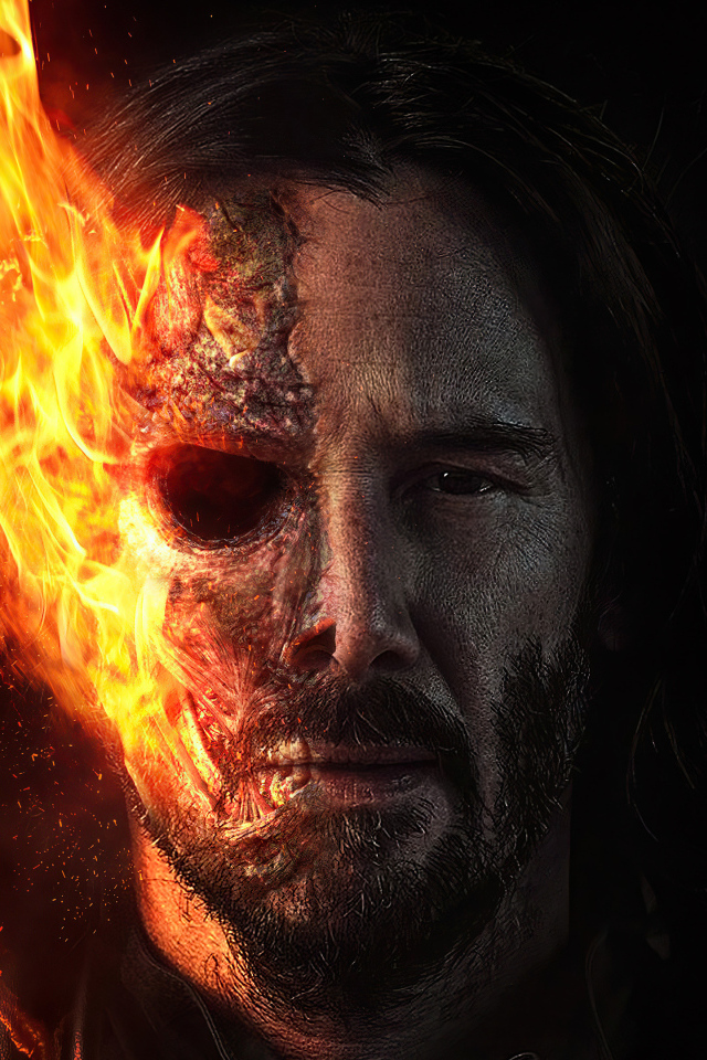 Актер Киану Ривз с горящим лицом