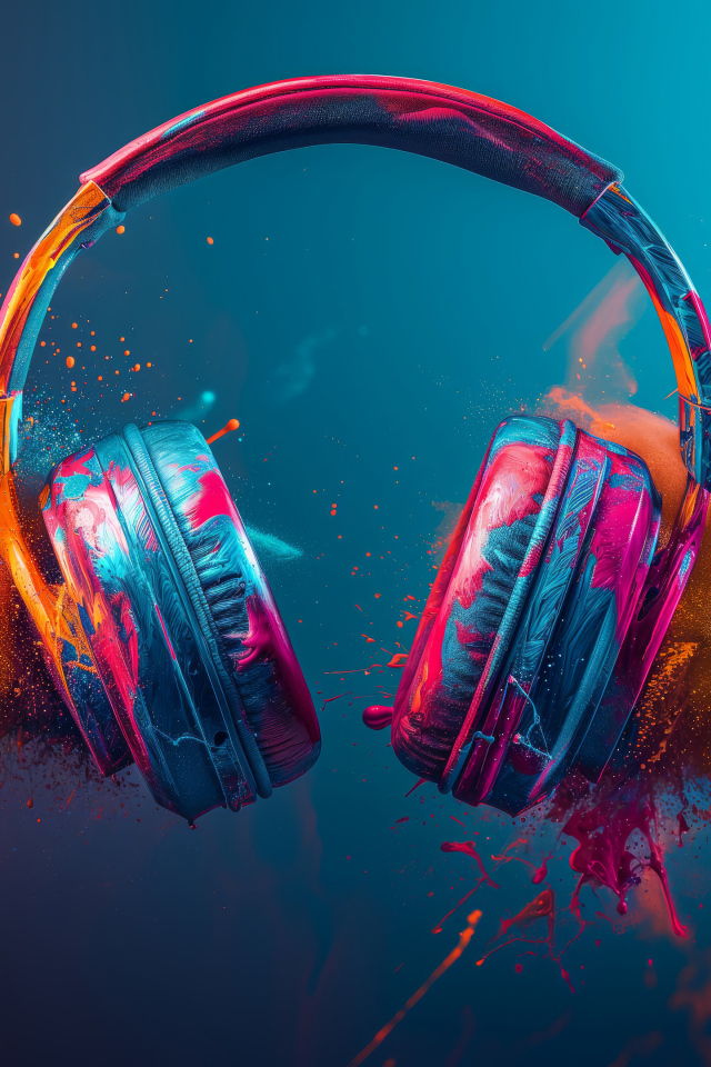 Наушники с брызгами краски на голубом фоне