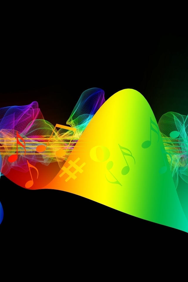 Разноцветный музыкальный ряд с нотами на черном фоне