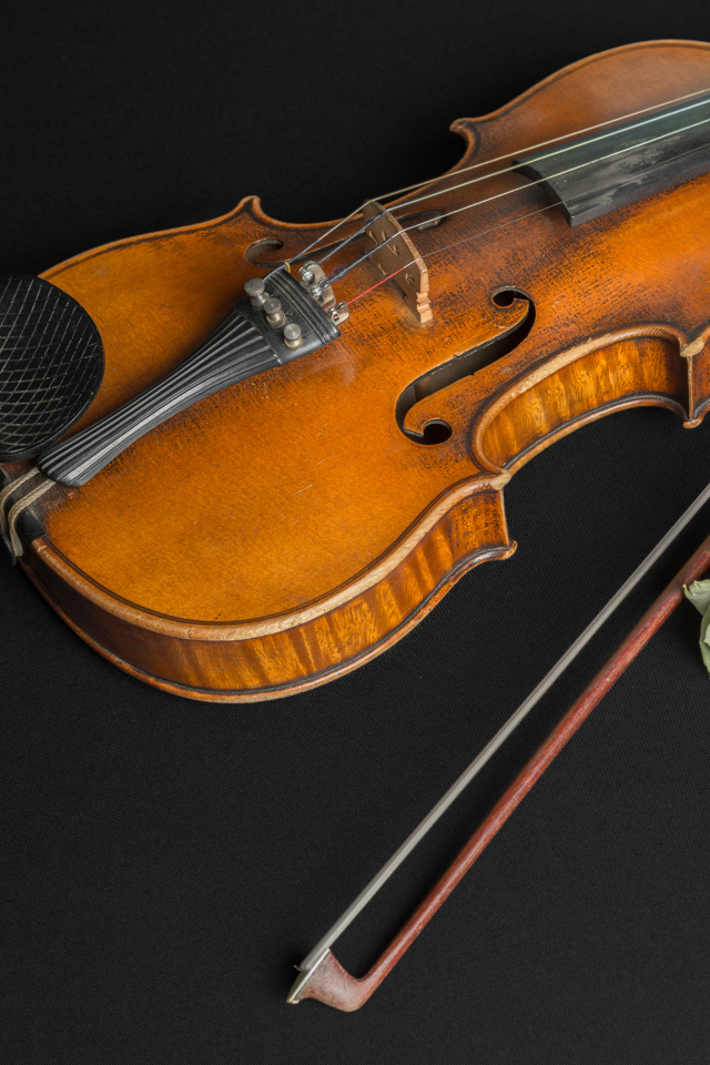 Деревянная скрипка с белой розой на черном столе