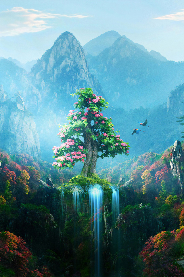 Красивый вид на фантастическое цветущее дерево в горах