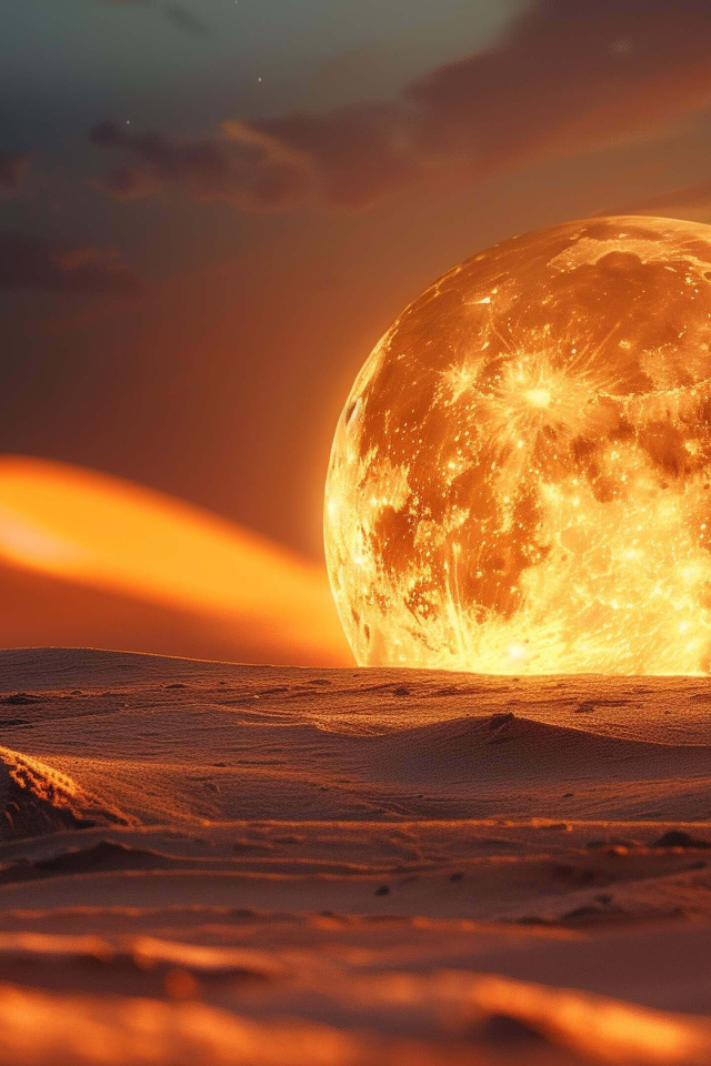 Большая огненная луна на песке